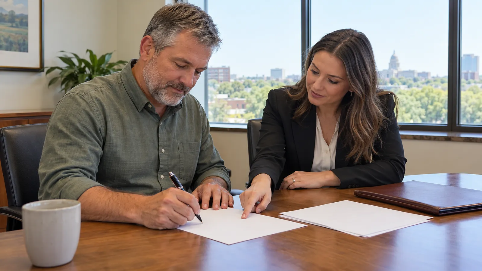 An owner signs closing papers at a conference table while an attorney points to the signature line