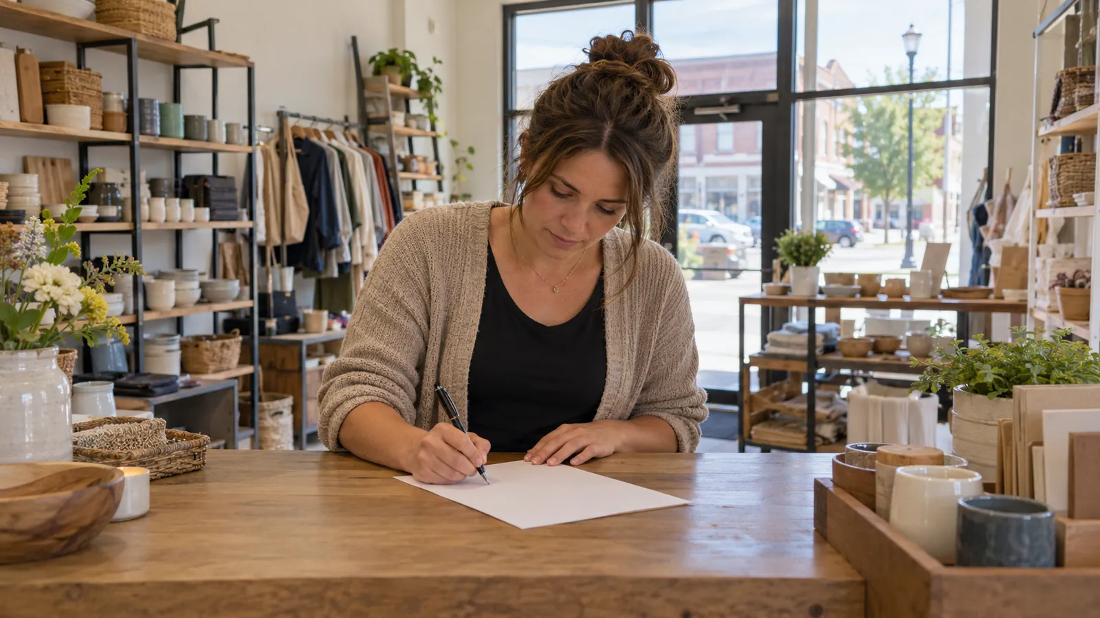 A new owner fills out a paper application at the counter of her newly purchased small retail shop