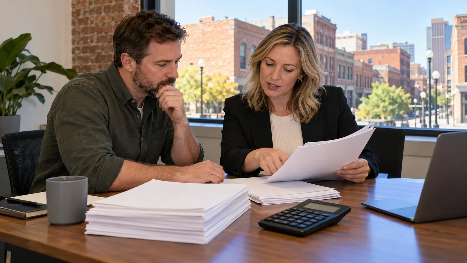 An owner and an accountant at a desk with a stack of tax returns and a calculator, a window showing a brick Old Market street