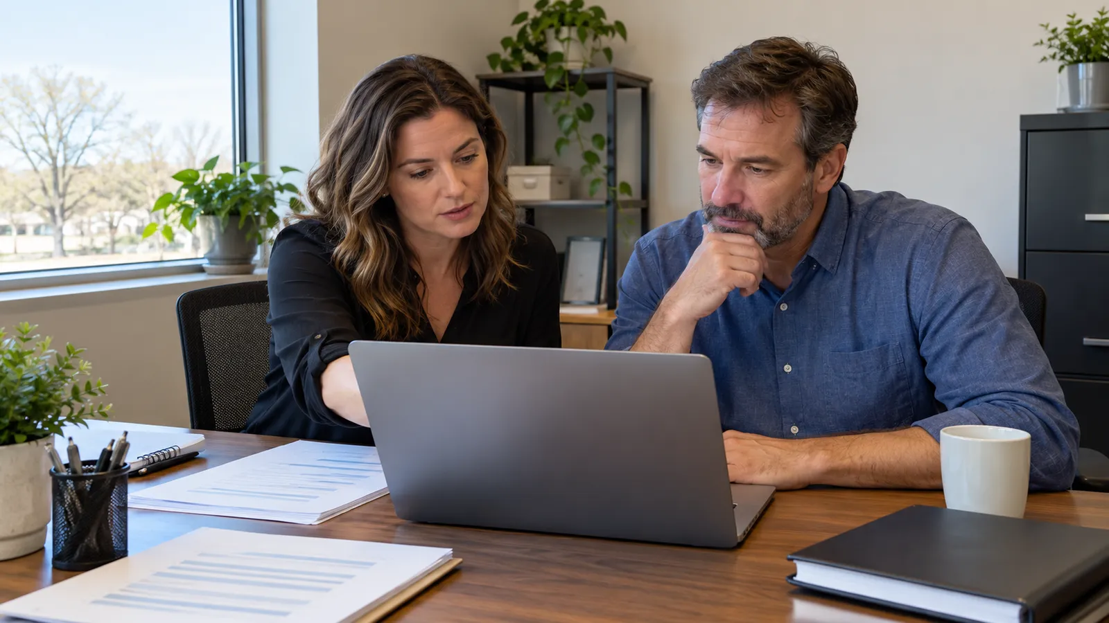 An office manager and a new owner compare payroll reports on a laptop in a small administrative office