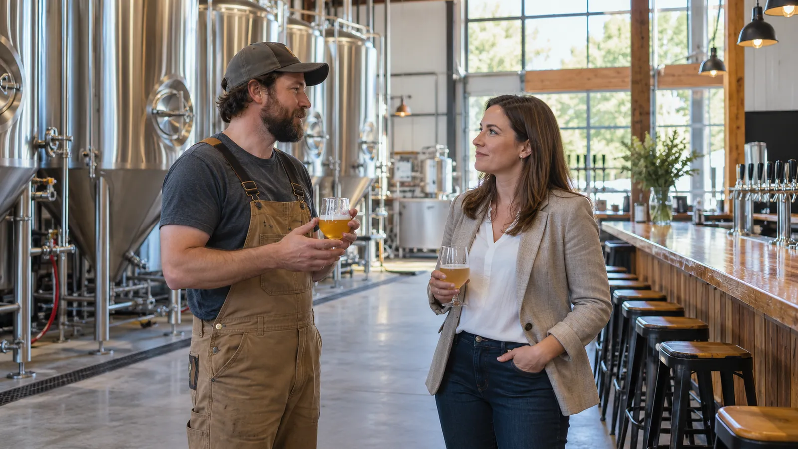 A brewery owner and a buyer talk beside stainless fermentation tanks and a wooden taproom bar in the afternoon