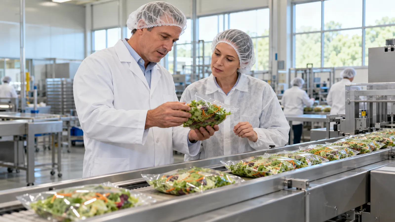 A plant manager in a hairnet and white coat and an owner check packaged product on a stainless steel line in a clean food plant