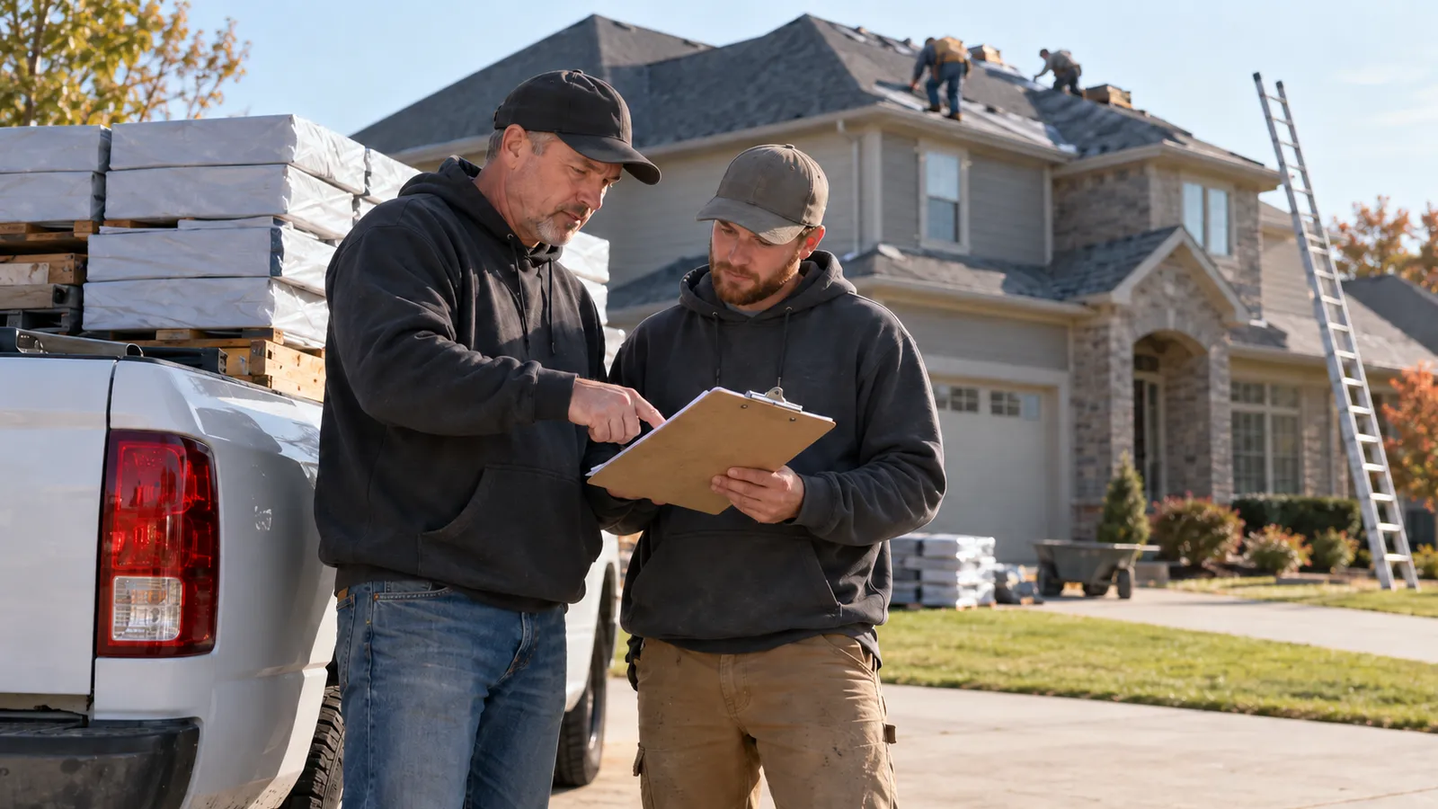 A roofing crew owner and a foreman look at a clipboard beside a pickup truck loaded with shingle bundles in front of a suburban house