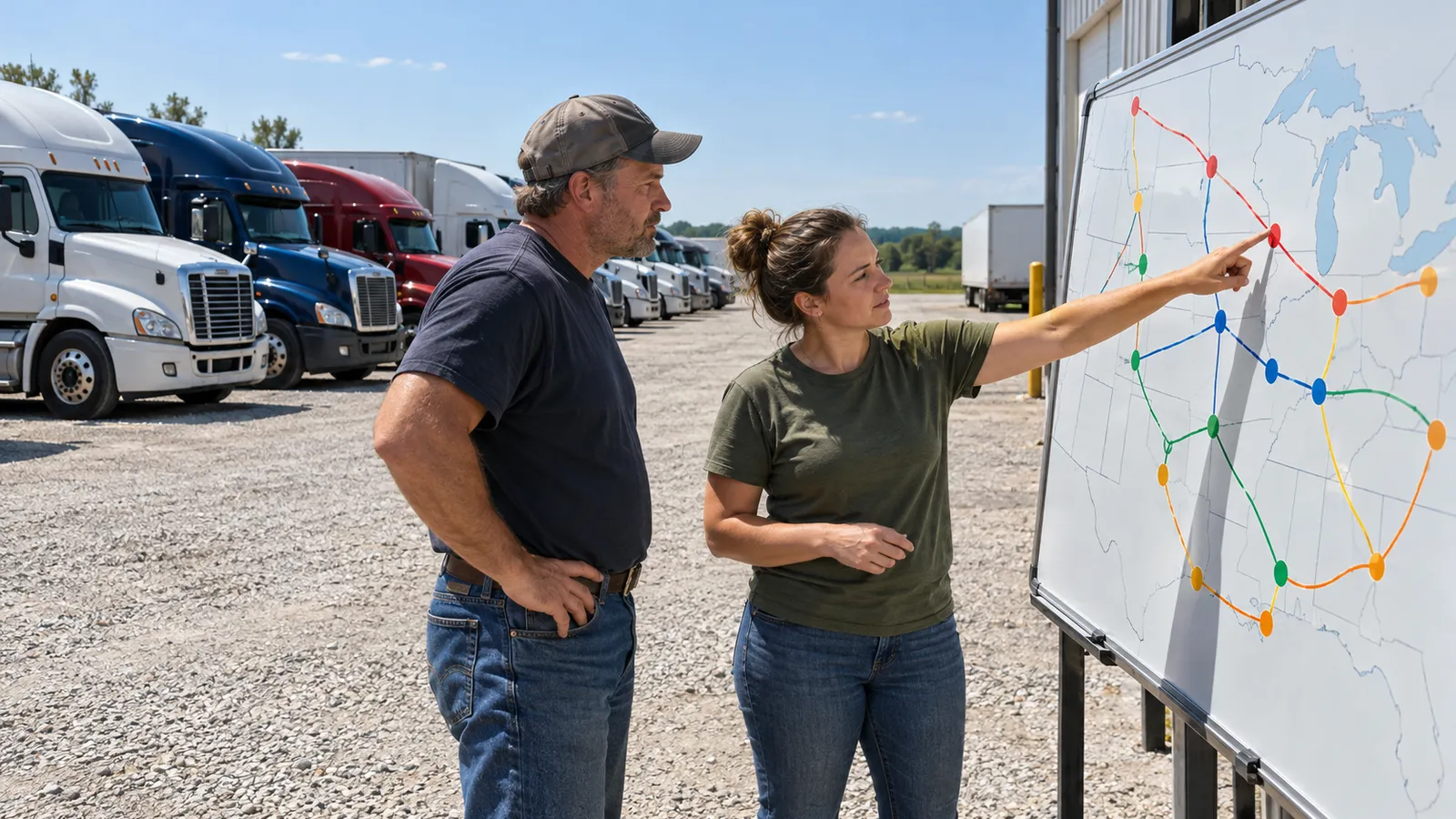 A trucking company owner and a dispatcher look over a route board beside a row of semi trucks in a gravel yard at midday